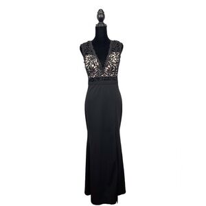 Soieblu Women’s Maxi Black Lace Bodice V-Neck/Back Evening Gown Dress Size-M GUC